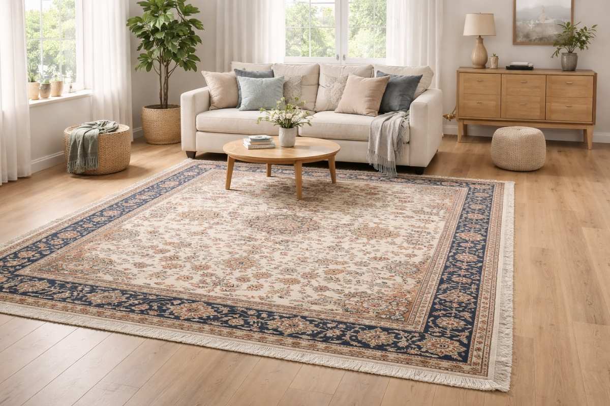 Svetao dnevni boravak sa velikim modernim tepihom u bež i sivim tonovima u prvom planu, postavljenim na drveni pod uz neutralni nameštaj i prirodno osvetljenje.